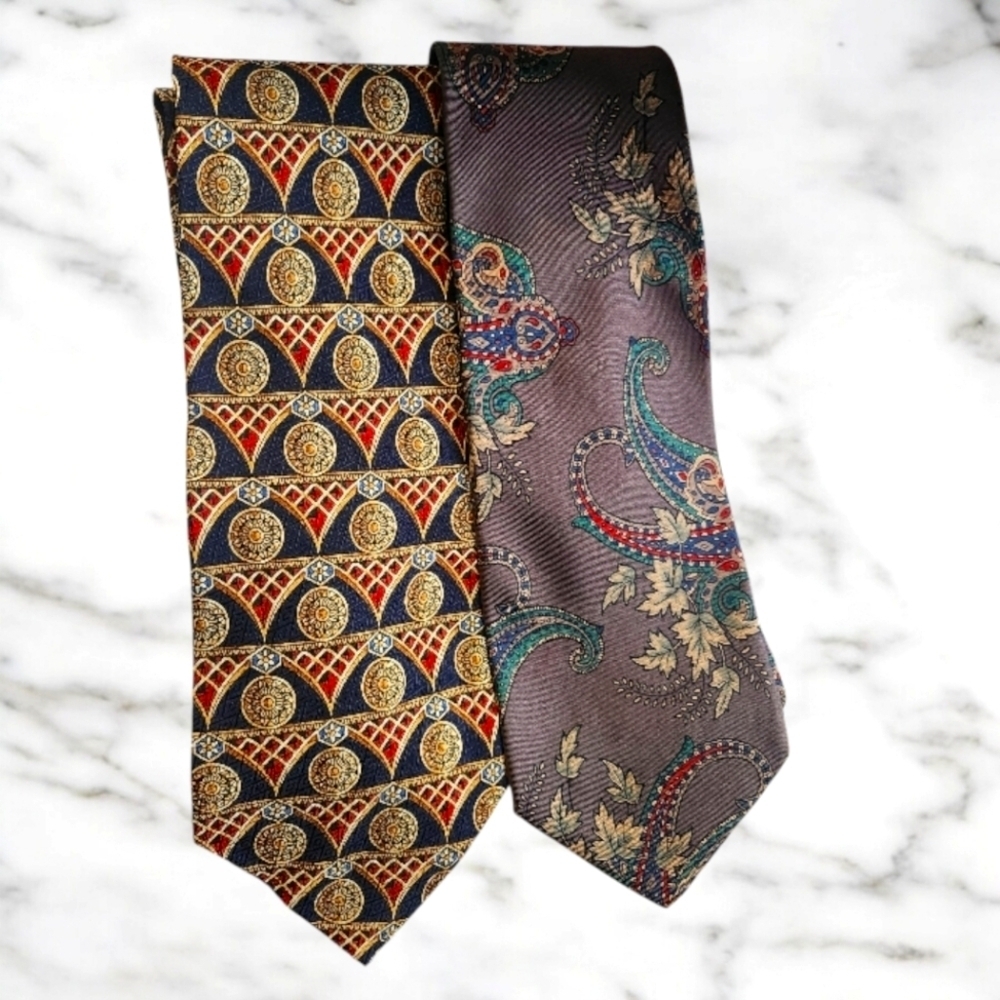 Vintage Silk Ties Lot of 2 Gray Paisley Bill Blass Coin Medallion Navy Givenchy